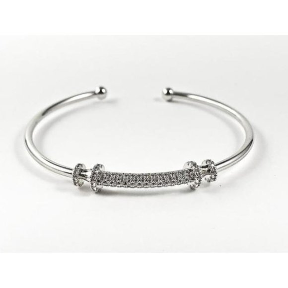 Elegant Center Curved Pave CZ Bar Thin Bracelet - Picture 1 of 1